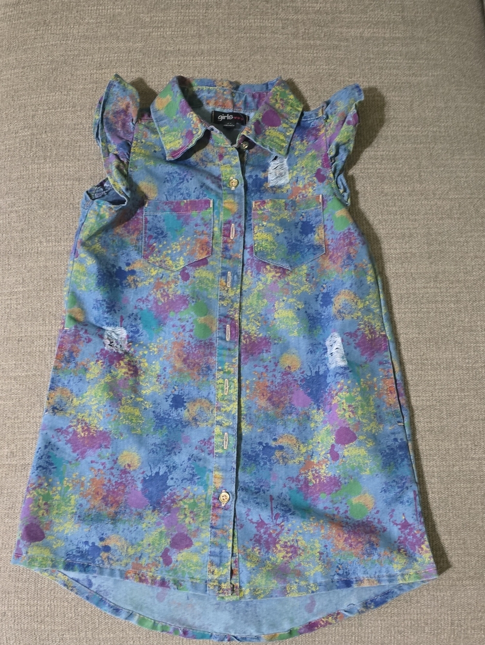Girl's Blue Denim Dress with Multicolor Paint-Splash Print